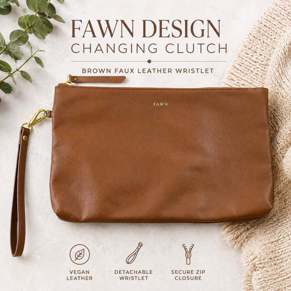 Fawn Design Changing Clutch Brown Faux Leather Wristlet Zip Pouch Bag
